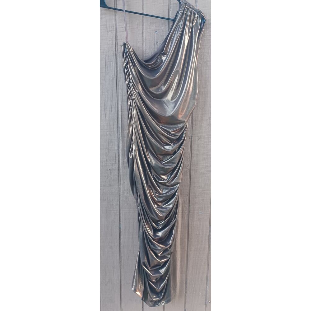 Fashion Nova Metallic Pewter Ruched One Shoulder Maxi Dress Large Y2K Glam - Picture 3 of 8